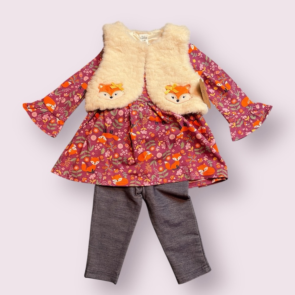 Adorable Fox Print Dress with Faux Fur Vest and Jeggings